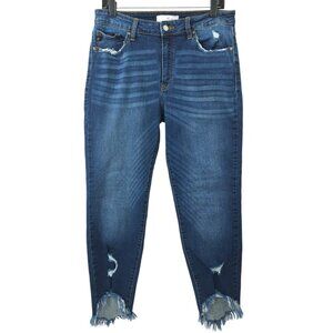 KanCan Jeans Cropped Capri Distressed Stretchy Size 13 / 30 Dark Wash Frayed Hem
